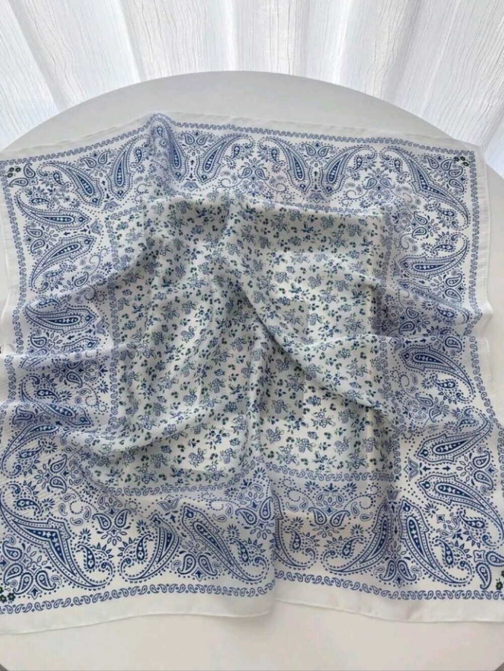 Blue & White Paisley Floral Satin Scarf Summer Vacation Travel